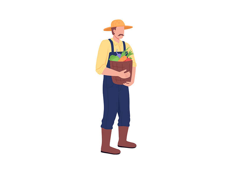 Caucasian farmer with bucket of vegetables flat color vector faceless character