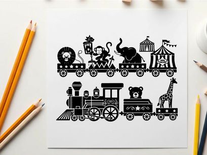 Ilustrasi vektor kereta hitam putih dengan hewan