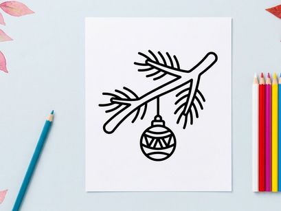 Hand-drawn Christmas mistletoe sprig with hanging glass bauble for festive holiday decor
