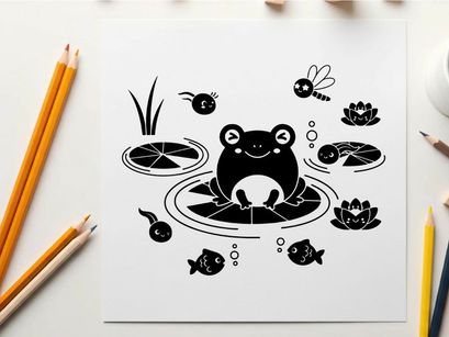 Frog silhouette sitting on a lily pad surrounded by aquatic life silhouette