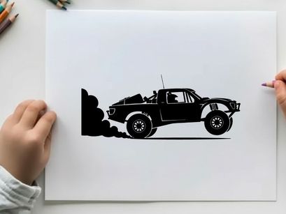 Silhouette of a pickup truck with smoke coming out of the back