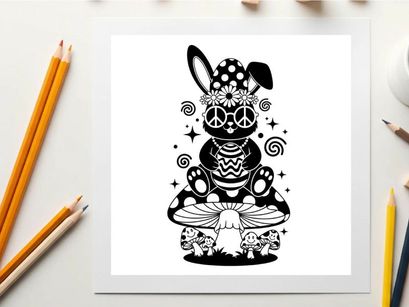 Peaceful silhouette bunny meditates in flower power headband silhouette