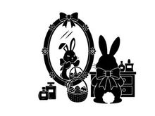 Easter bunny silhouette admires reflection in ornate mirror with bow