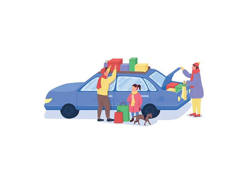 Family on holiday shopping flat color vector faceless characters