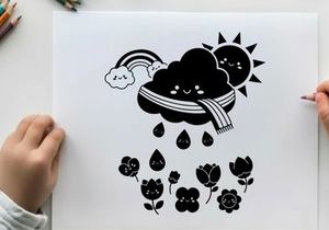 Whimsical silhouette of a cloud wearing scarf with flowers and rainbow
