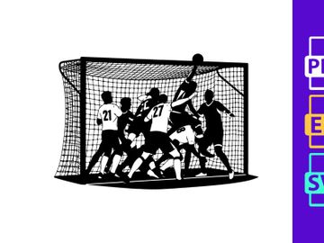 Black and white illustration of a handball goal being defended by a goalkeeper preview picture