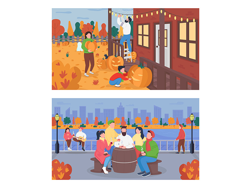 Autumn weekend activity flat color vector illustration set