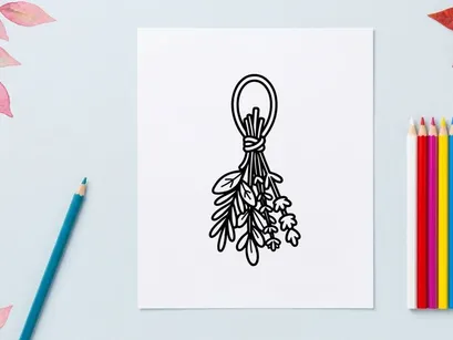 Hand-drawn lavender sprig with twine bow. Botanical illustration of dried purple flowers for crafts and decor.