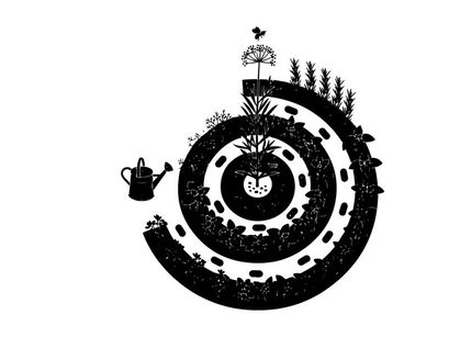 Silhouette of a spiral garden with a watering can and flower