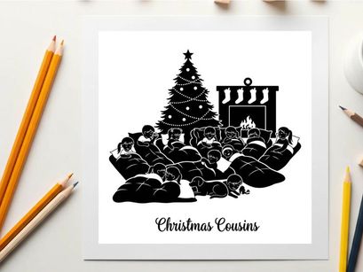 Christmas cousins silhouette gathering around fireplace by tree