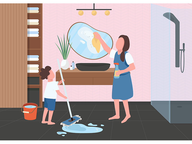 Spring cleaning in bathroom flat color vector illustration