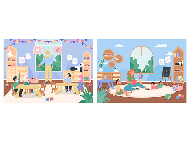 Kindergarten lessons flat color vector illustration set
