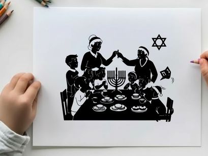 Happy jewish family in silhouette celebrating hanukkah together
