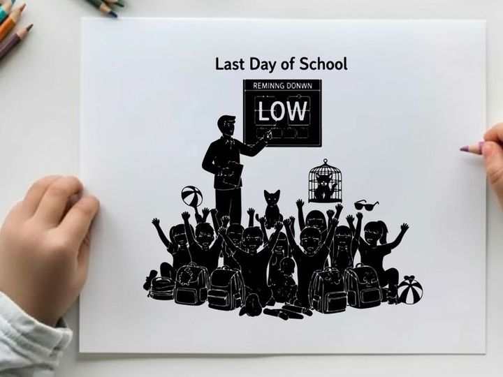 Silhouette of students and teacher on last day of school with low sign