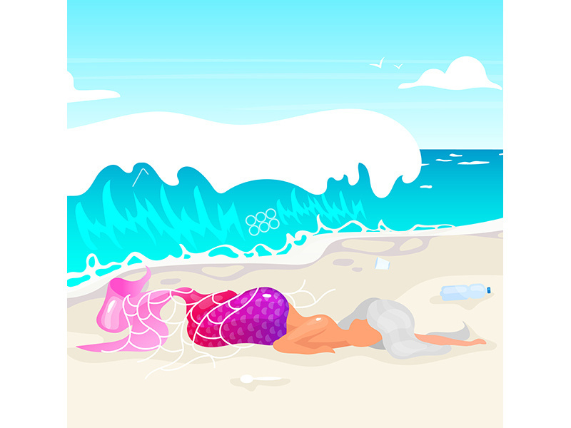 Mermaid trapped in fishnet flat vector illustration