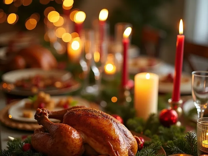 Christmas dinner table with a roasted turkey centerpiece.