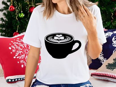 Black coffee cup with latte art heart design minimalist illustration