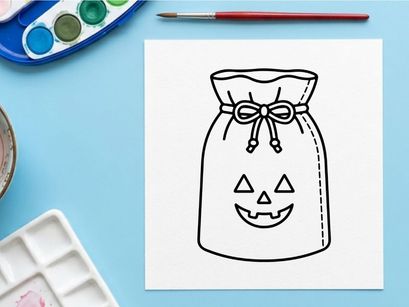 Halloween trick or treat candy bag with jack-o-lantern face. Festive paper sack for collecting sweets and spooky party favors.