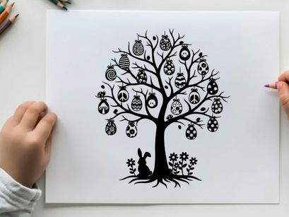 Easter tree silhouette with bunny and decorated eggs