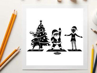 Holiday silhouette of santa reindeer and elf in yoga poses by christmas tree silhouette