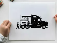 Silhouette of a man walking next to a large semi truck silhouette