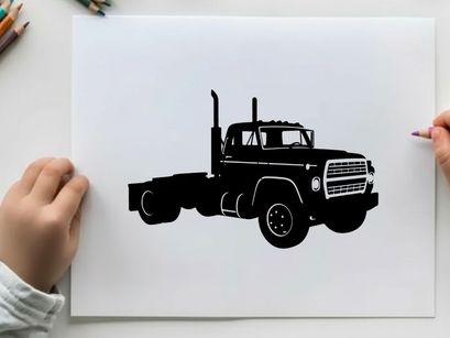 Silhouette of a large black truck with a flatbed and exhaust pipes silhouette