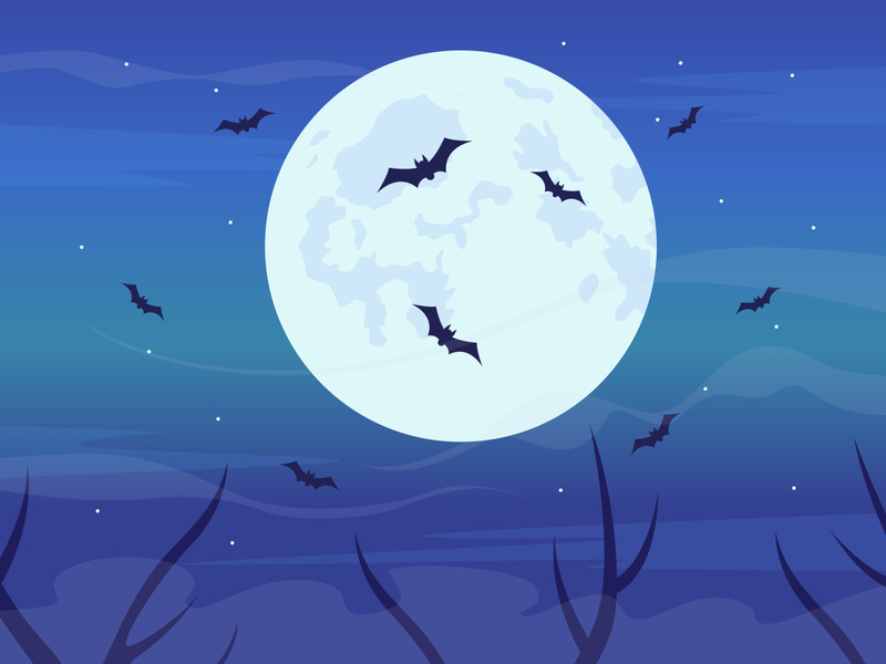 Bats flying in full moon flat color vector illustration