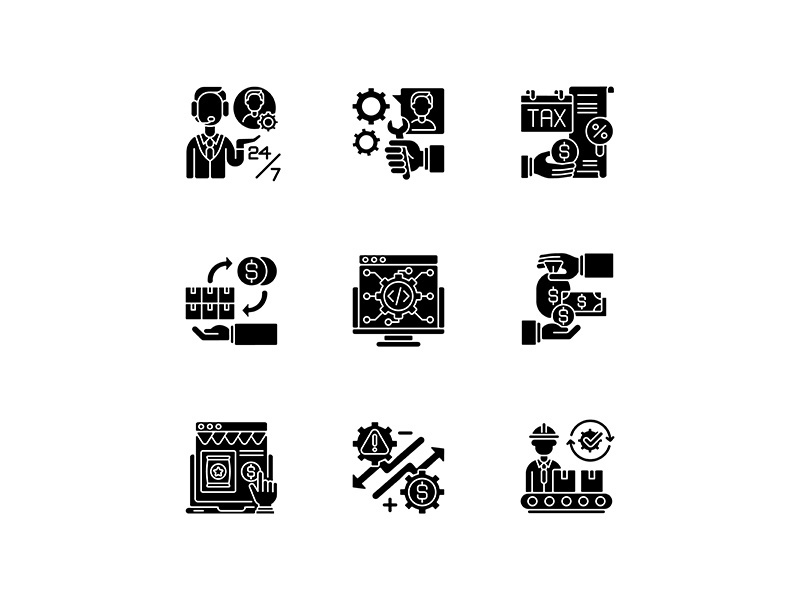 Business management black glyph icons set on white space