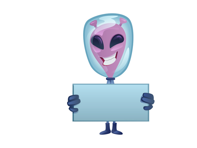 Smiling martian with blank banner flat cartoon vector illustration