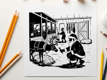 Santa claus checking reindeer silhouette at the north pole barn