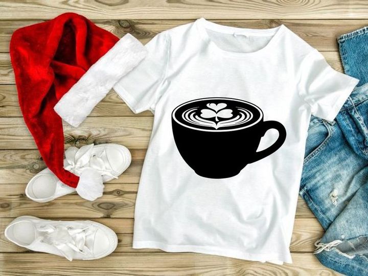 Black coffee cup with latte art heart design minimalist illustration