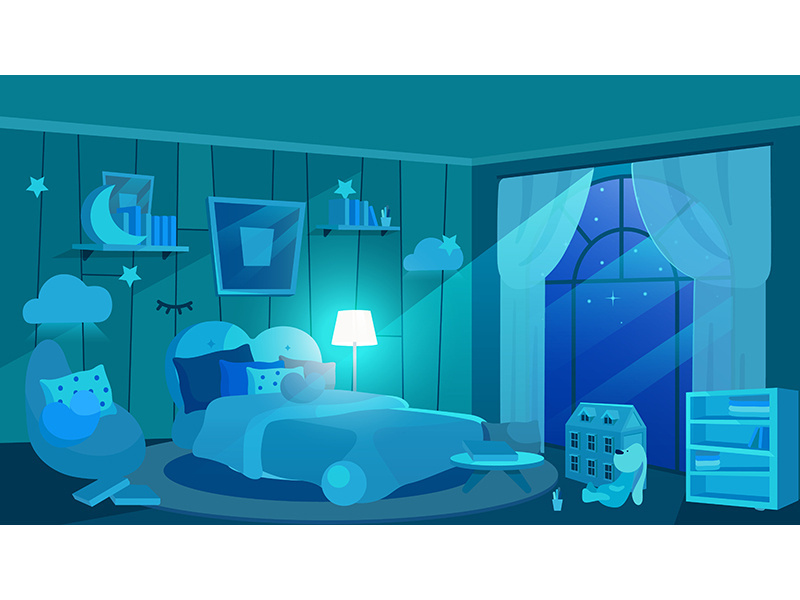 Children bedroom at night flat vector illustration