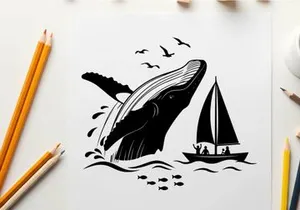 Whale silhouette jumping out of ocean beside sailboat silhouette