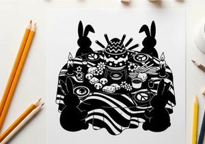 Peaceful silhouette of rabbits and symbols on table