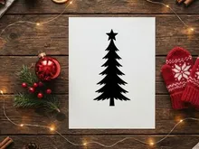 Black Christmas tree silhouette with a star topper isolated on a white background.