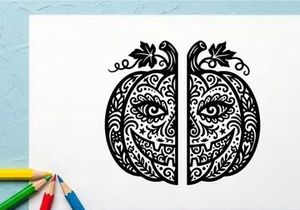 Intricate Halloween Pumpkin Face Tattoo Design for Body Art
