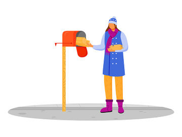 Woman in winter clothes receives post flat color vector illustration preview picture