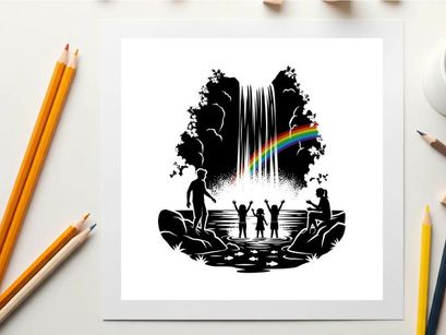 Silhouette of people at a waterfall with a rainbow