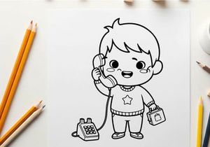 Cute child talking on retro phone vector illustration