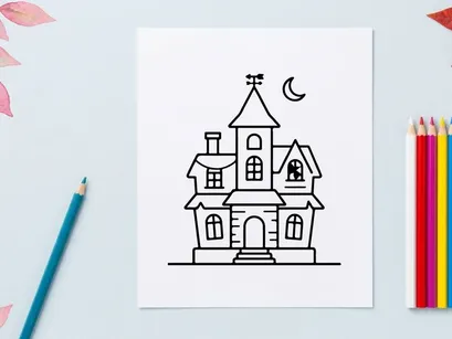 Ilustración de casa embrujada con arte lineal y luna. Dibujo vectorial de mansión clásica espeluznante para proyectos de diseño de Halloween.