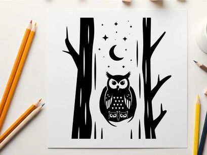 Silhouette of an owl in a forest at night