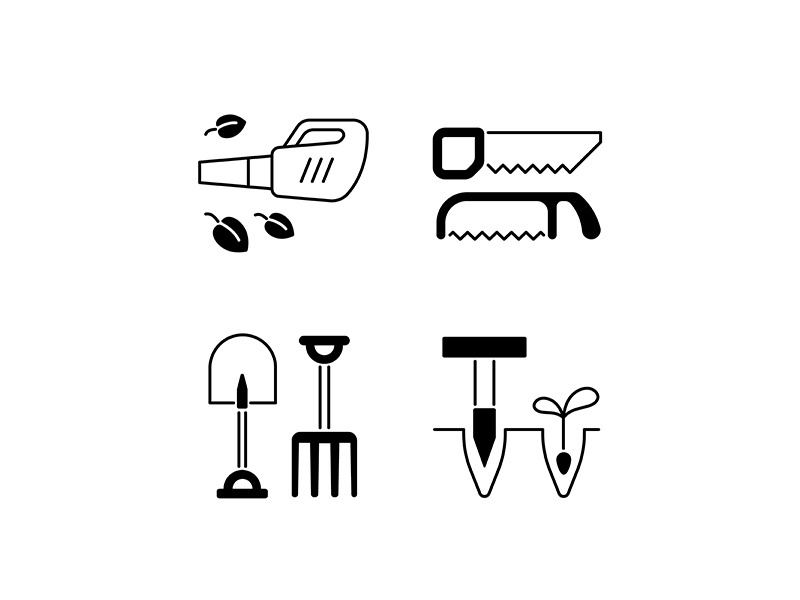 Garden instruments black linear icons set