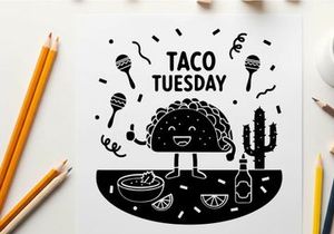 Taco tuesday silhouette graphic with festive maracas and food