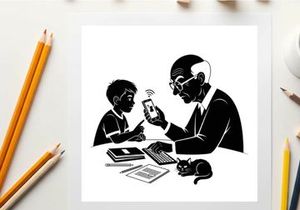 Silhouette of a man and child with a cat at a desk