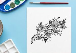 Minimalist tree branch line art illustration. Elegant botanical sketch with moon and leaves for modern design projects.