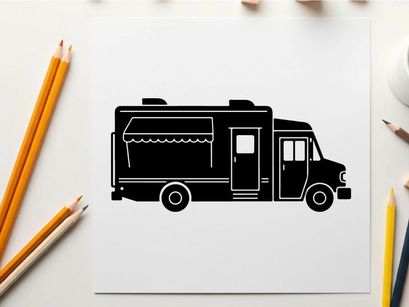 Silhouette of a food truck with awning and service door
