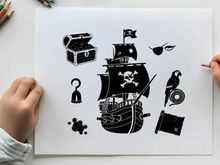 Piraten-Schiff und Schatz Flachdesign-Vektorgrafik