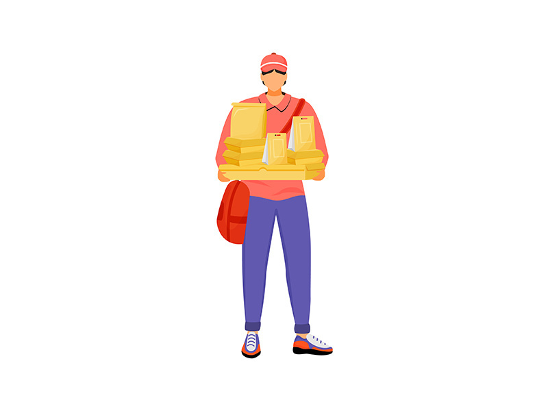 Pizza deliveryman, male courier with packages flat color vector faceless character