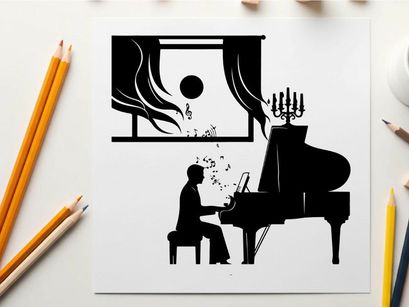 Silhouette of a man playing piano by window at night