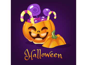 Happy pumpkin with sweets cartoon vector illustration preview picture